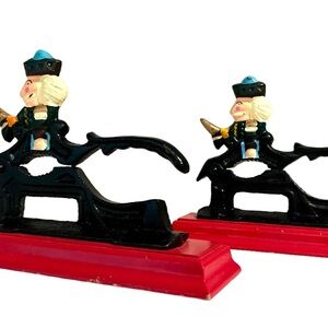 Set of 2 Cast Iron Nutcrackers ~ Wood Base Soldier King Christmas Vintage